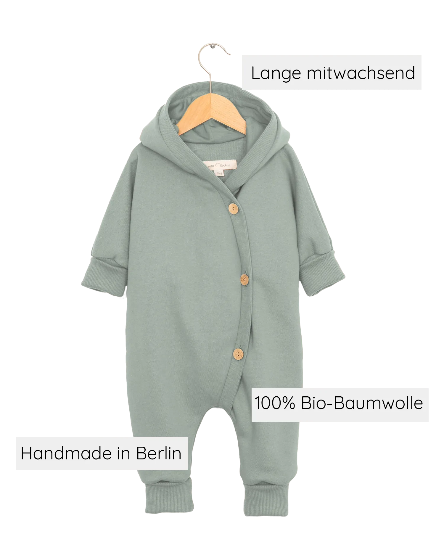 Kuschelanzug Bio-Sweat - Aqua: Ein grüner Babystrampler mit Knöpfen. Der Overall hat eine Wichtelkapuze und krempelbare Bündchen, ideal für wachsende Kinder.  Erstausstattung Baby und Baby Geschenk zur Geburt.