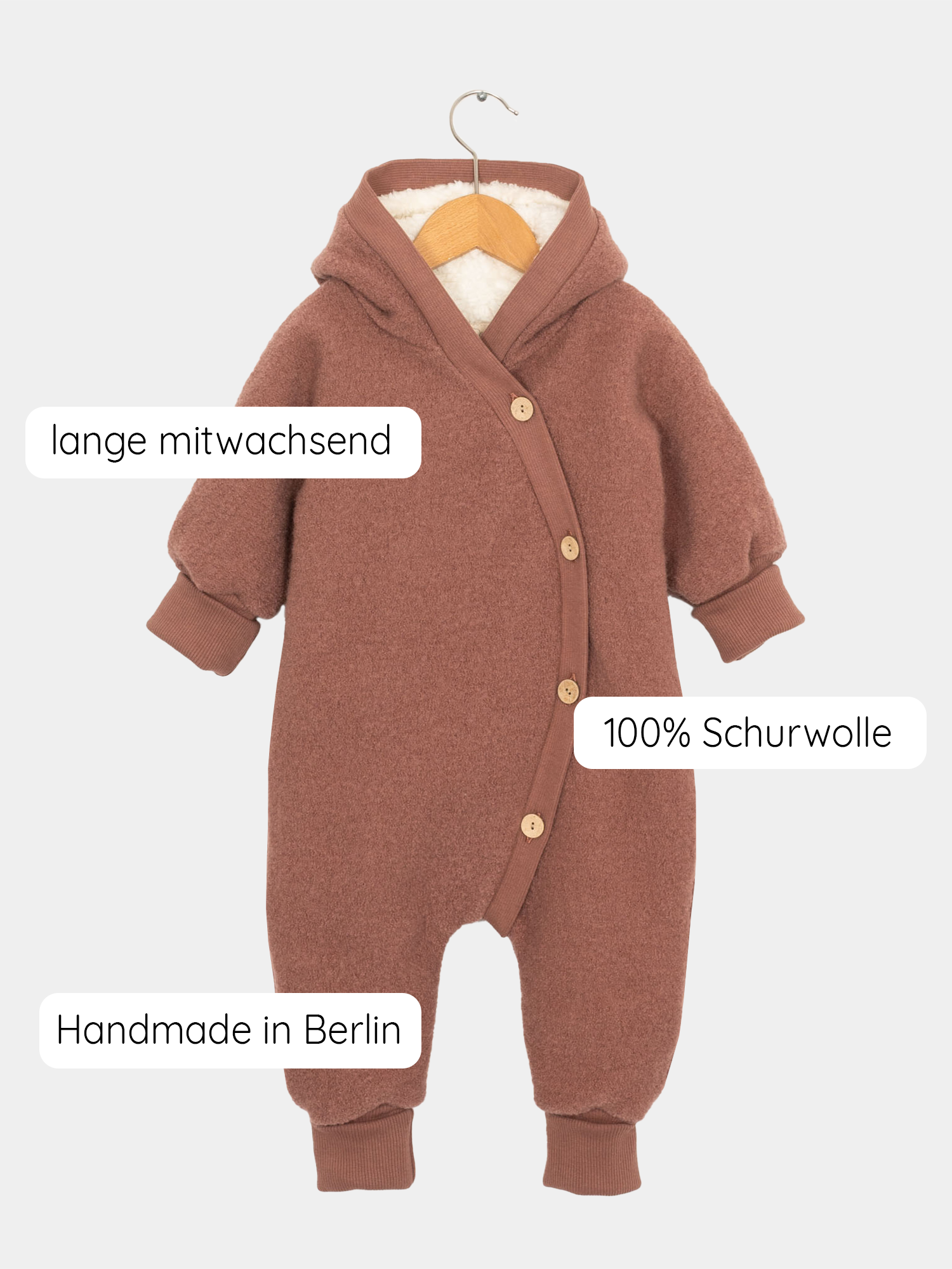 Schneeanzug aus Wollwalk in Zimt für Babys. Ein Winter Wollwalk Overall für den Winter.