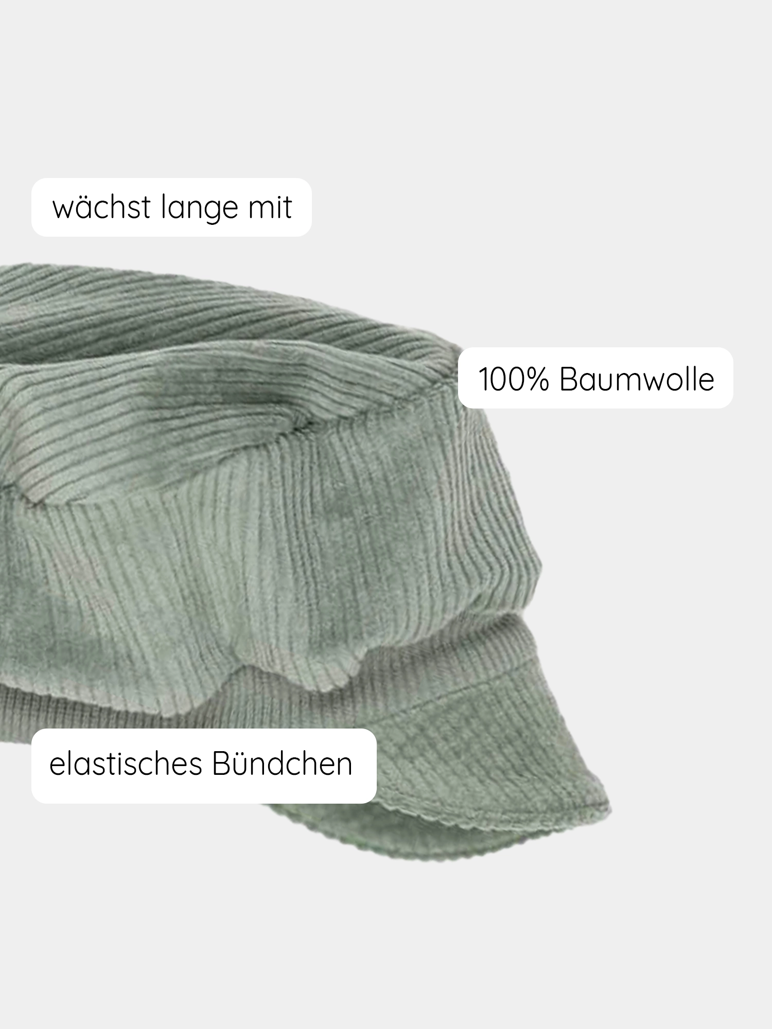 Mütze Michelmütze Breitcord - Kiwi, Nahaufnahme zeigt robusten, elastischen Breitcord mit Bio-Baumwollbündchen, ideal für Kinder. Bequem und mitwachsend, gefertigt aus Textilresten für nachhaltige Nutzung.