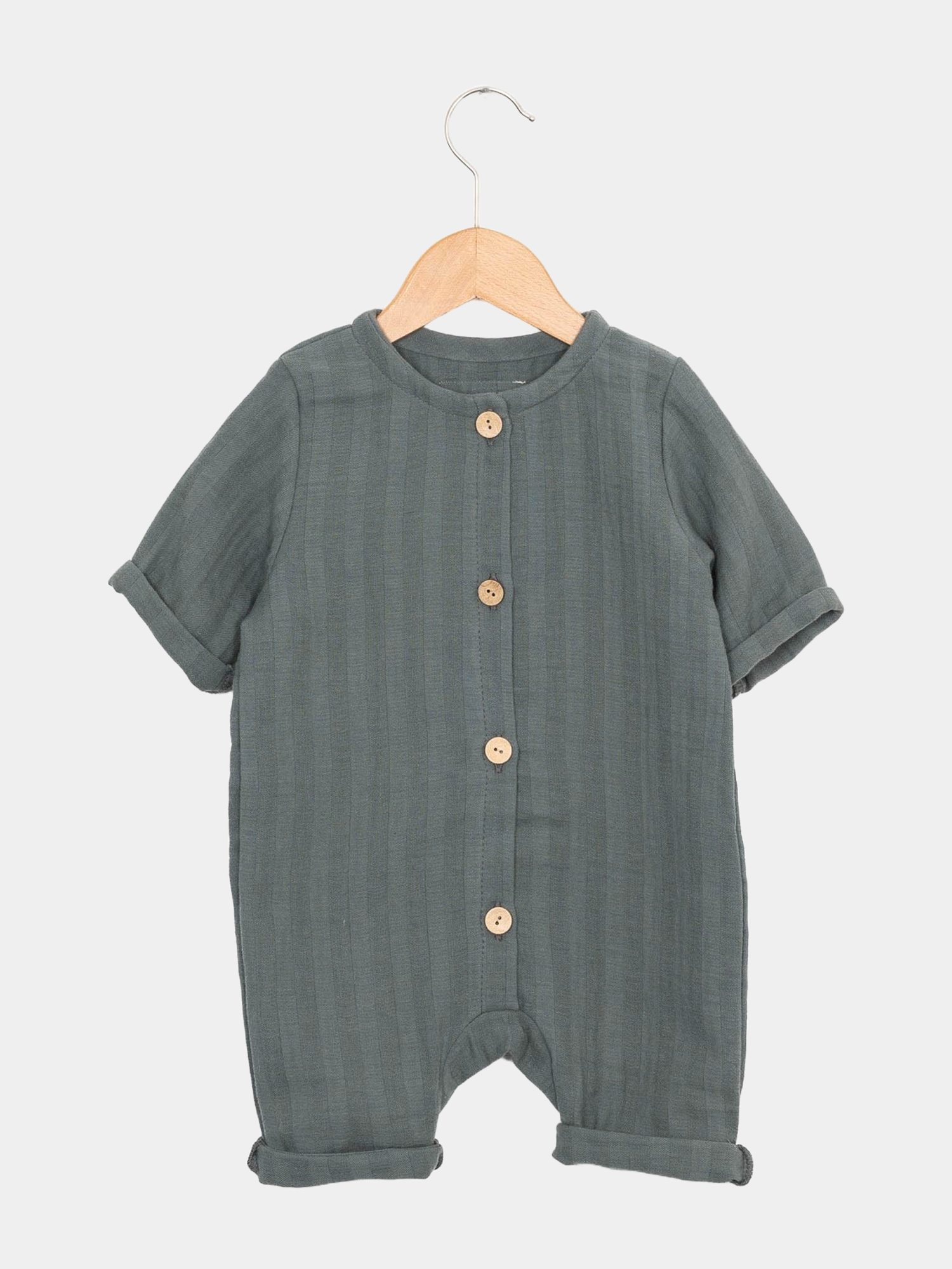 Mini Overall Bio-Musselin- Taube auf Holzschaukel, mit Knöpfen und langen Ärmeln, ideal für Sommer, aus Bio-Baumwolle, unisex Design.  Perfekte Baby Geschenke.