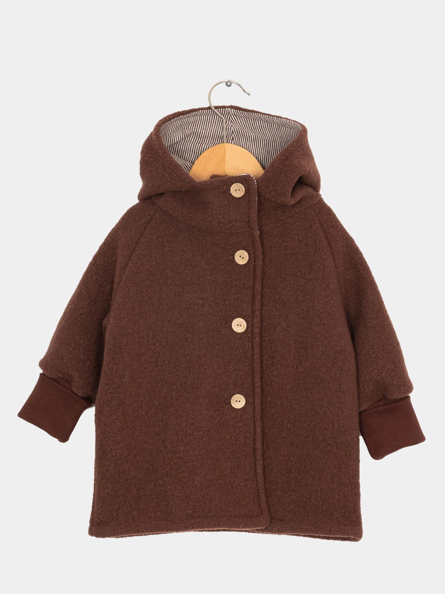 Wichteljacke Wollwalk - Kastanie mit gestreifter Kapuze, Kokosknöpfen und krempelbaren Bündchen aus Bio-Baumwolle, ideal für Herbst und Winter, unisex und mitwachsend.